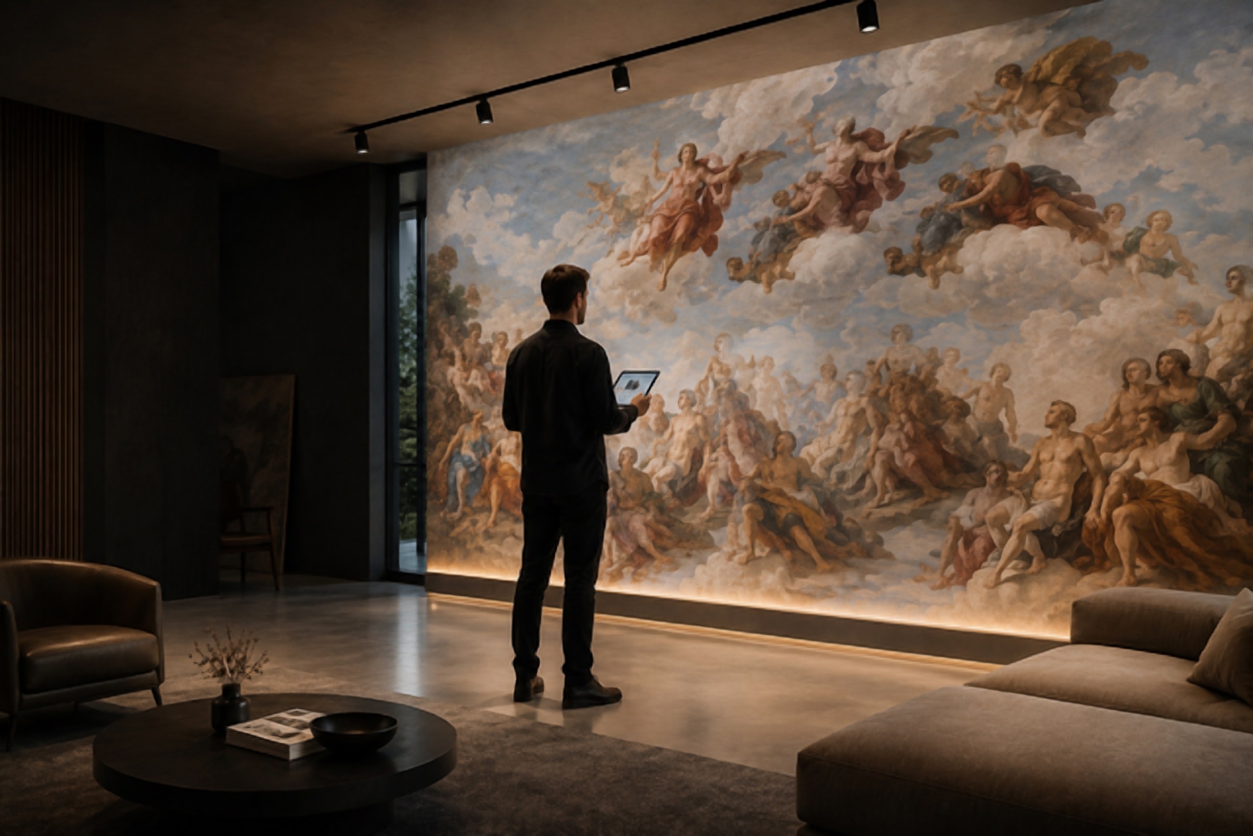 Ambiente living con affresco rinascimentale stampato DIAMETRION