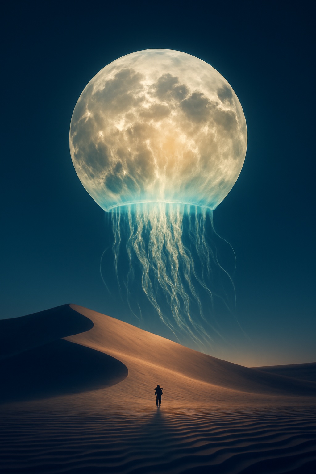 Medusa luminosa sopra una duna al chiaro di luna