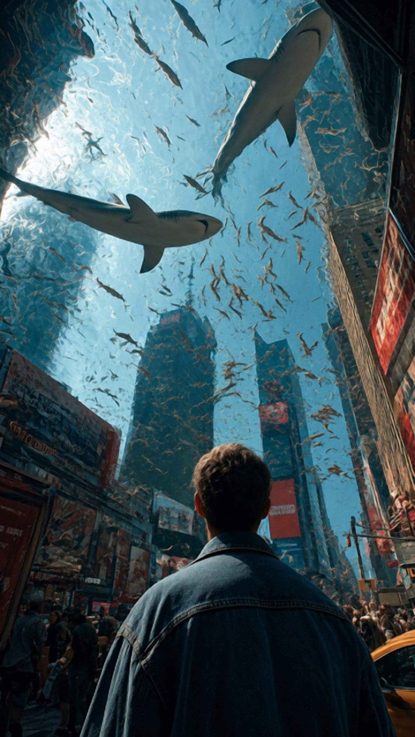 Times Square sommersa con squali che nuotano tra i grattacieli